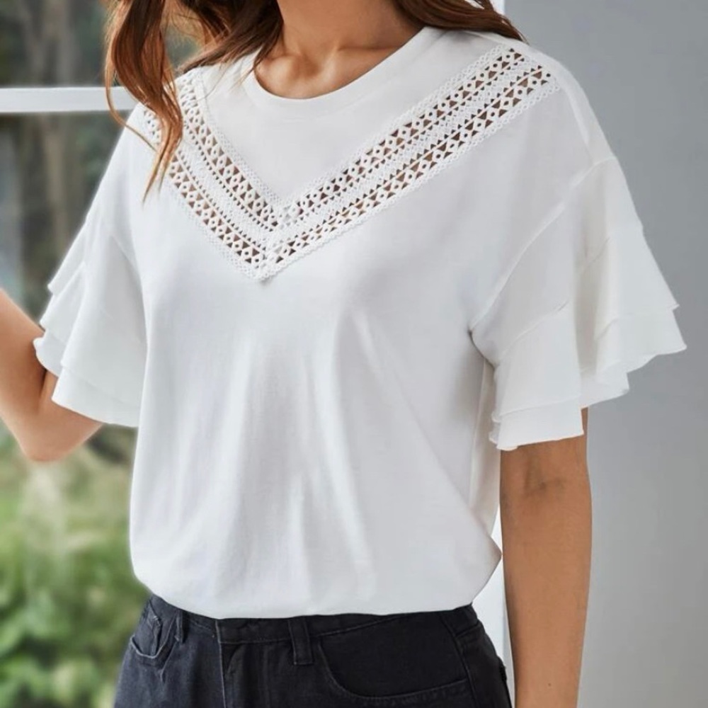 Guipure Lace Ruffle Trim Tee - Picture 6 of 7